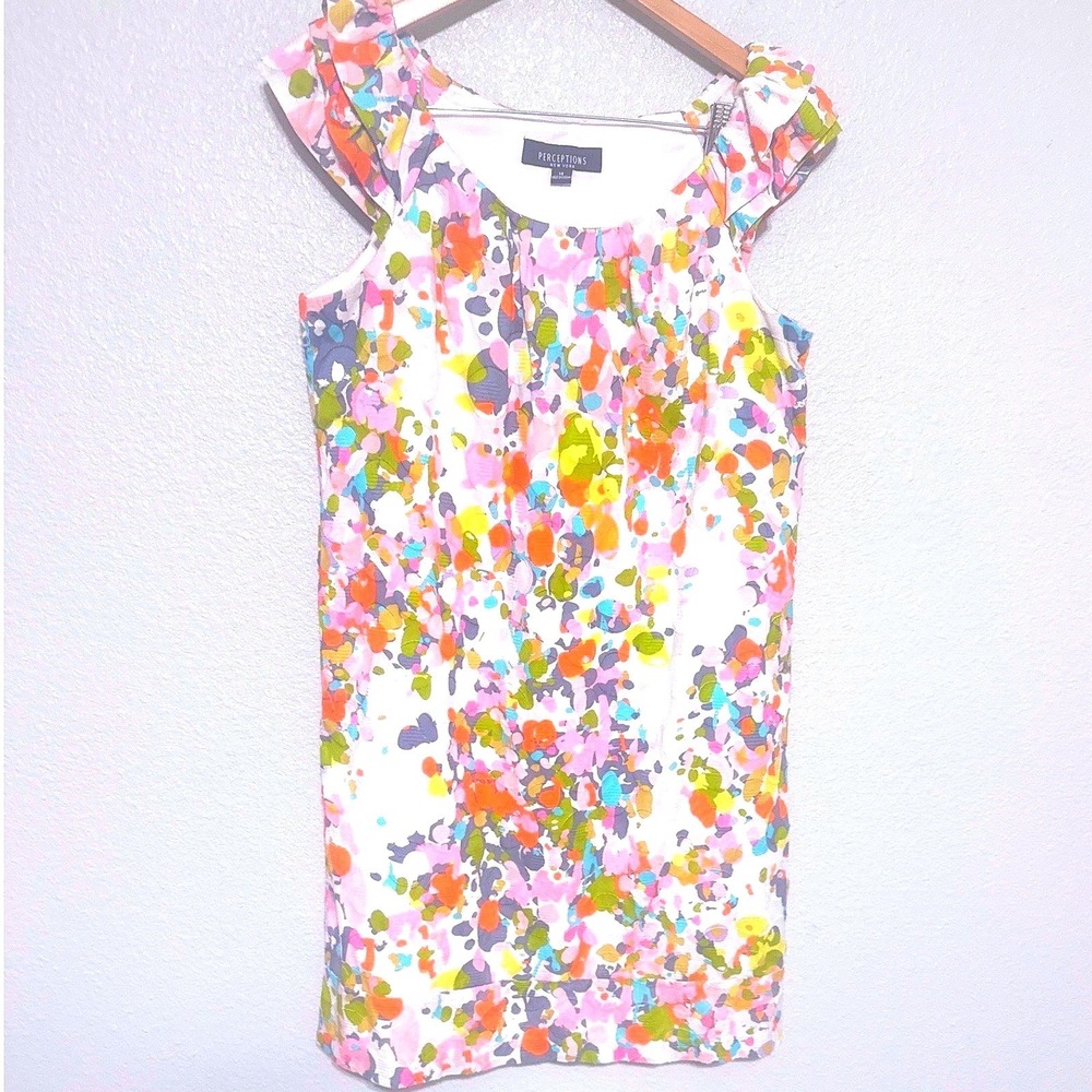 Perceptions New York SZ 14 Colorful Sleeveless Pink Ruffle Sheath‎ Dress Easter